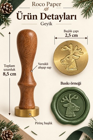 Yılbaşı Temalı Ahşap Pirinç Mum Mührü - 2.5 Cm Çap, Yeniyıl Geyik Çok Renkli