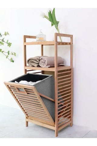Bambu 2 Raflı Kirli Sepeti Çok Amaçlı Banyo Düzenleyici Organizer Ahşap