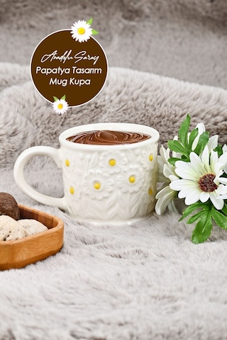 El Yapımı Seramik Kabartma Motifli Papatya Tasarım Mug Kupa Fincan |Handmade Mug Fincan Kahve Kupası