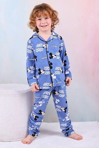 Lillypicca Erkek Çocuk Desenli Önden Düğmeli Uzun Kol Pijama Takımı 9046 mavi