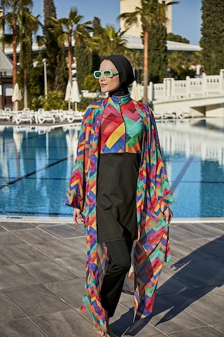 Remsa Mayo Remsa Tesettür Mayo Üzerine Tek Kaftan Kimono Pareo Rp016 Tetris Siyah