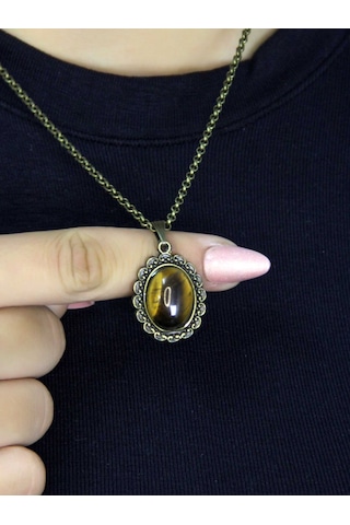 Doğal Taş Kaplangözü Doğal Taşlı Kadın Doğal Taş Otantik Kolye Euk27kg Kahverengi