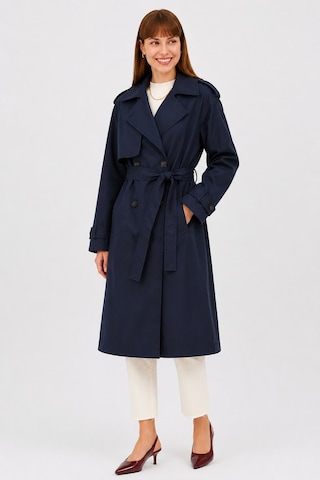 Ressho Kadın Kemerli Uzun Trençkot Su Geçirmez, Astarlı, Oversize Model Lacivert