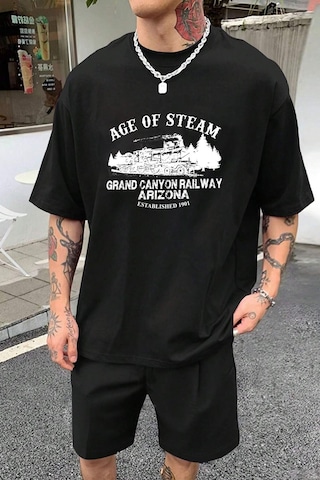 Uyguntarz Unisex Age Of Steam Baskılı Şort Takım Siyah