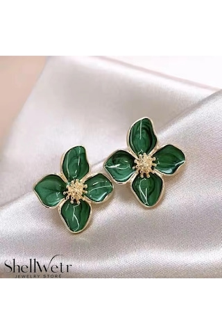 Magnolia Çiçekli Küpe Sevgililer Günü , Annenize Verilecek En Güzel Hediye Altın - Yeşil