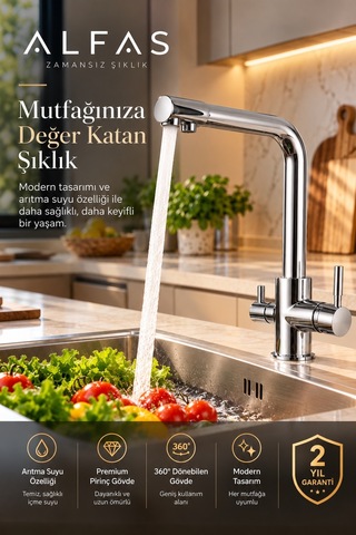 Alfas Pirinç Arıtmalı Mutfak Evye Bataryası Krom 3 Yollu Sıcak-soğuk-arıtmalı Musluk