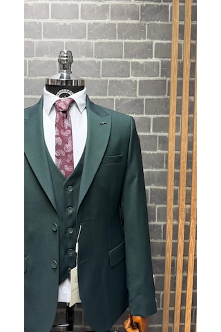 Dupont Classics Erkek Slim Fit 6 Drop Sivri Yaka Yelekli Kırçıllı Çift Yırtmaç Takım Elbise Yeşil