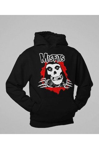 Sevbano Misfits Baskılı Unisex Oversize Rock Metal Hoodie Siyah