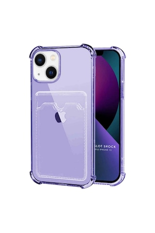 Apple Uyumlu iPhone 13 Kılıf Darbe Emici Köşe Korumalı Kartlıklı Cüzdanlı Silikon Kapak Lila