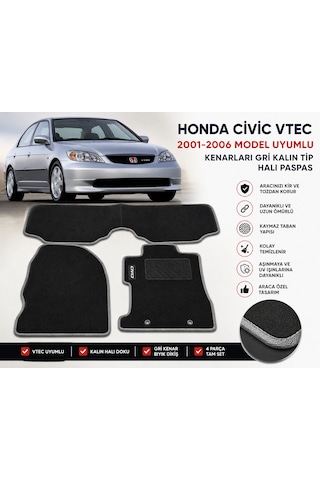Honda Civic Vtec 2001-2006 Model Uyumlu Kenarları Gri Kalın Tip Halı Paspas 3 Parça Tam Set