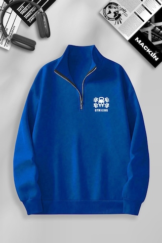 Macklin Unisex Kadın Erkek Gym King Baskılı Yarım Fermuarlı Dik Yaka Basic Sweatshirt Mavi Mck1166 Mavi