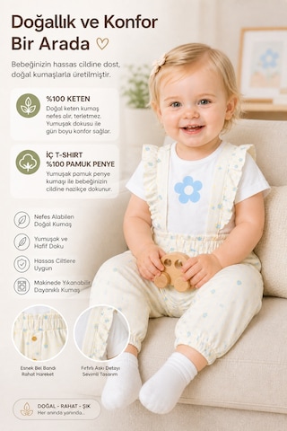 Harika Kids Kız Bebe&çocuk Keten Kumaş Sapolet Takım Ekru