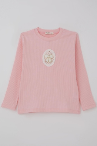Breeze Kız Çocuk Uzun Kollu Tişört Vintage Dantel Fiyonk Aplikeli 5-10 Yaş, Pembe Pembe