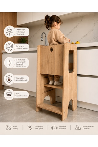 Güvenlik Panelli Öğrenme Kulesi Bebek ve Çocuk Öğrenme Kulesi Safir Meşe