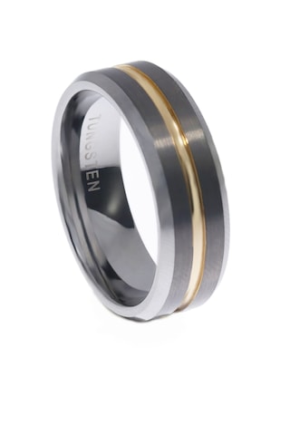 Erkek Gold Detay Gümüş Renk Tungsten Yüzük Gümüş