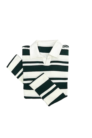 Fazra Erkek Polo Yaka Çizgili Triko Kazak 20251 Koyu Yeşil