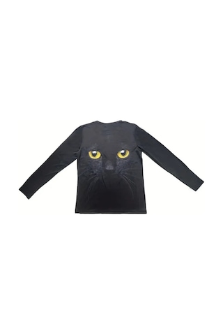 Simala Kadın Uzun Kollu Bisiklet Yaka Kedi Desenli Süprem Bluz Siyah