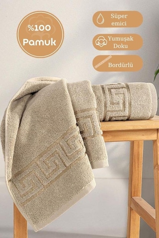 Pamuk Tekli Jakarlı Yumuşak Havlu Grek - 70 X 140 Bej