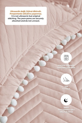 Evlen Home Ponponlu %100 Pamuk Tek Kişilik Günlük Yatak Örtüsü Pike Takımı Seti Pudra