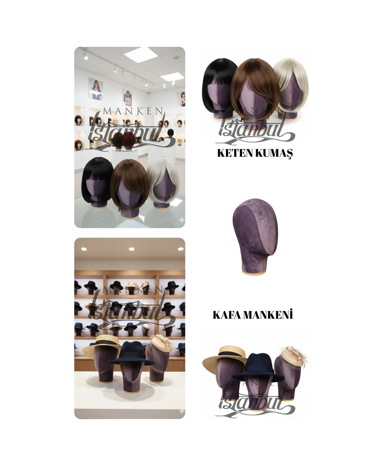 Kumaş Kaplı Polyester Kafa Mankeni Aksesuar Mankeni Şapka Mankeni Peruk Mankeni 0012