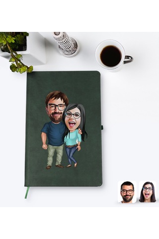 Kişiye Özel Sevgililer Karikatürlü Yeşil Termo Deri Defter Model N11.231