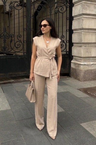 Seeh Bej Basic Yelek Pantolon Takım Sh241 Standart