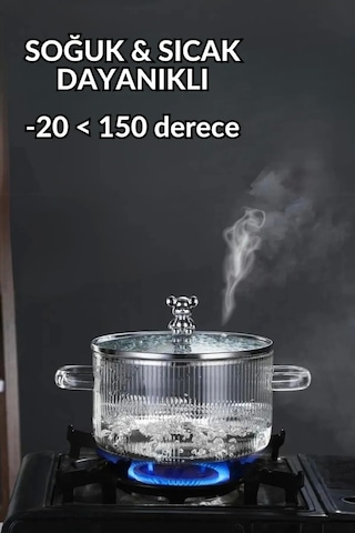 Madamev Cam Tencere Ayıcık Figürlü Minimalist Borosilikat Isıya Dayanıklı Ocaküstü Tencere 1500ml Şeffaf Çizgili
