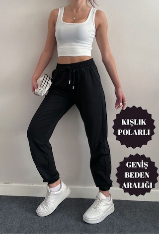 Banega Kadın Dalgıç Kumaş Kışlık Polarlı Jogger Yüksek Bel Cepli Siyah Eşofman Altı Siyah