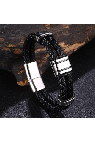 Lüks El Yapımı Deri Örgü Erkek Bileklik Paslanmaz Çelik Toka İş Adamı Bileklikleri Arkadaş Ortak Aşıklar İçin Hediye Siyah