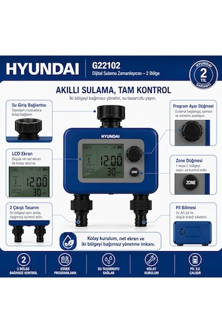 Hyundai G22102 Dijital Sulama Zamanlayıcısı 2 Bölge 2 Çıkışlı Bahçe Sulama Timer