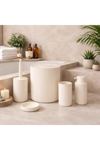 5 Li Limon Rengi Banyo Seti Çöp Kovası, Sıvı Sabunluk, Diş Fırçalık, Sabunluk Ve Wc Fırçası Modern Çizgili Şık Tasarım Diğer