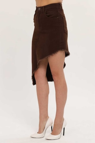 Shevega Kadın Kahverengi Etek Püskül Asimetrik Kesim Keten Etek Kahverengi