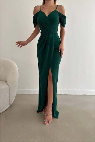 Lior Design Kadın Trend Krep Kumaş V Yaka Yırtmaçlı Abiye Elbise Zümrüt