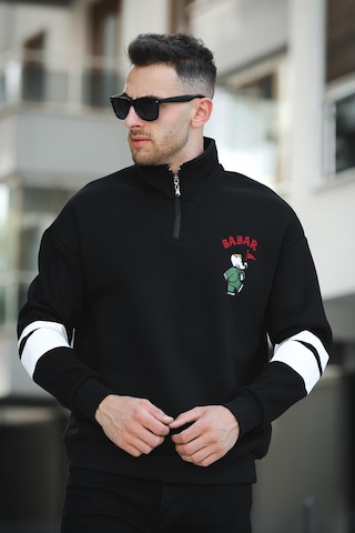 Oksit Babar Üç İplik Şardonlu Nakışlı Fermuarlı Dik Yaka Oversize Erkek Sweatshirt 001