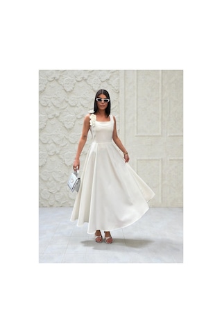 Fleurs Chic Çiçek Detaylı Şık Midi Elbise Davet Nikah Beyaz Fleurs Chic Çiçek Detaylı Şık Midi Elbise Davet Nikah Beyaz
