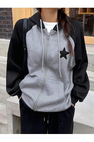 Oversize Yıldız Baskılı Gri - Siyah Reglan Kol Hırka Gri-siyah