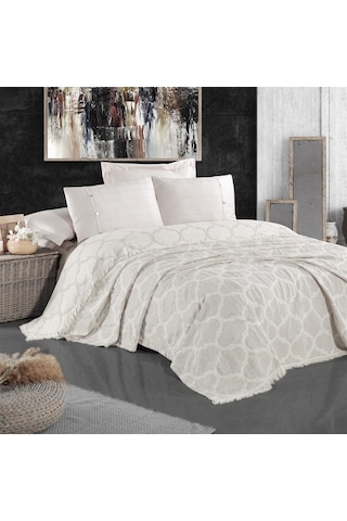 Damask Design Çift Taraflı Jakarlı Keten Pamuk Dokuma Battal Boy( Bej-240X260 Cm Bej