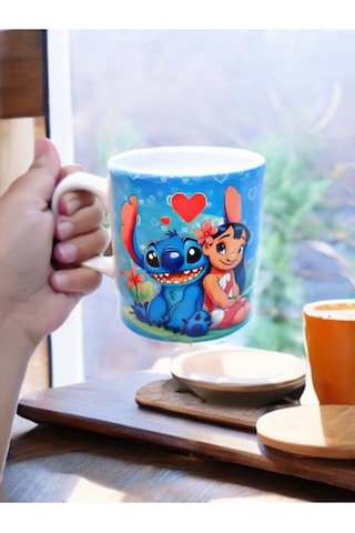 Lilo & Stitch Temalı Kalpli Lilo Ve Stitch Çift Baskılı Seramik K Beyaz