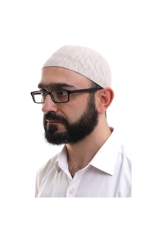 Krem Kışlık Çapraz Desenli Dokuma Takke