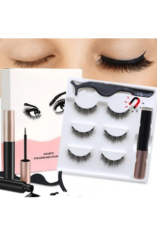 3d Manyetik 6 Adet Takma Kirpik Seti 3 Çift + 1 Adet Likit Eyeliner Yapıştırıcı + Kirpik Cımbızı