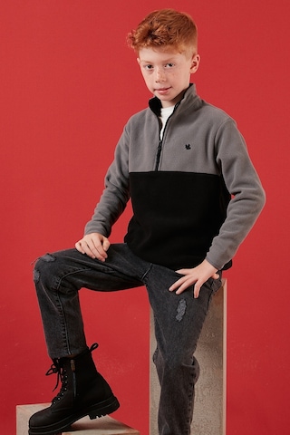 Lela Yumuşak Dokulu Yarım Fermuarlı Renk Bloklu Dik Yaka Unisex Çocuk Polar 5905004 Gri-Siyah