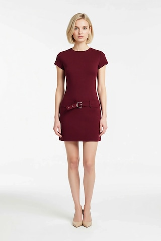 Benerly Kadın Mini Elbise Bisiklet Yaka Kısa Kollu Kemerli Bodycon Kesim Bordo