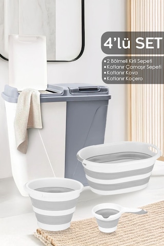 4'lü Set - 90 Lt İki Bölmeli Kirli Çamaşır Sepeti Katlanabilir Sepet Akordiyon Su Kovası Maşrapa Gri Gri