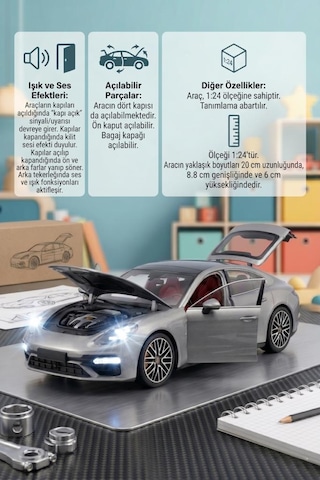 Işıklı Sesli Pilli 1:24 Metal Porsche Panamera Turbo Kapısı Kaputu Ve Bagajı Açılabilir Model Araba Gri