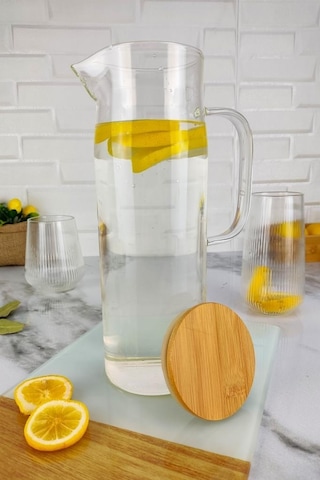 Digithome Bambu Kapaklı Buzdolabı Kapak Rafı Uyumlu Borosilikat Cam Sürahi 1,5 Lt 097kx90086