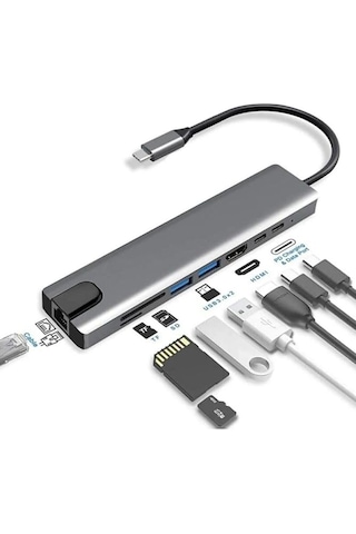 8-in-1 Type-c Çoklu Hub Adaptör Dönüştürücü Hdmı 4k, Usb 3.0, Sd/tf Kart Okuyucu, Pd Şarj, Rj45 Ethernet Laptop Ve Tablet Uyumlu