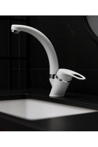Mix Kuğu Sıcak Soğuk Çift Su Girişli Mutfak Ve Lavabo Musluğu Bataryası Beyaz