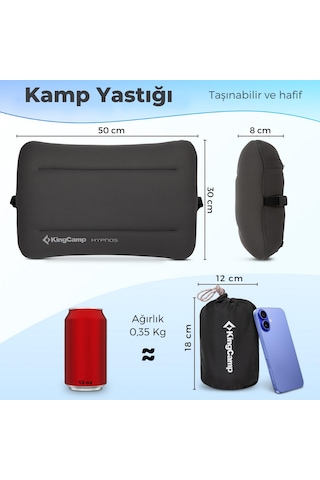 Kingcamp Hypnos Yıkanabilir Kılıflı Hafızalı Kompakt Şişme Kamp Yastığı Antrasit