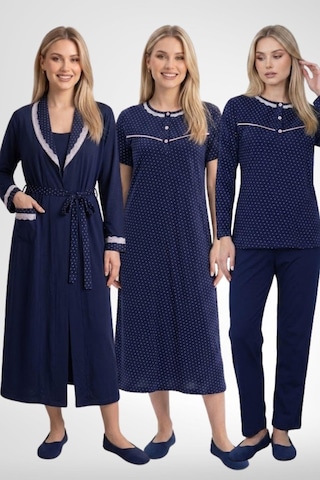 Mecit Pijama Mecit 6393 Lacivert Pamuklu Kadın Sabahlık Pijama Gecelik Seti