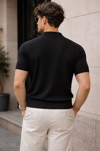 Erkek Fermuarlı Polo Yaka Triko Tişört Slim Fit Dokulu Yazlık Şık Casual Siyah